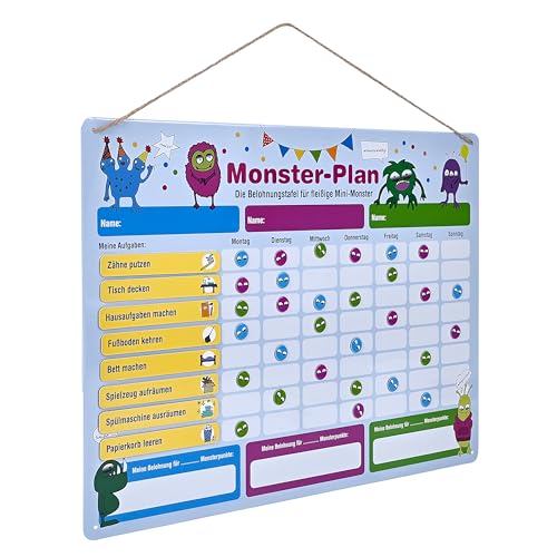 Monster-Plan Belohnungstafel für Kinder – Magnetische Aufgaben- & Motivationstafel aus Metall mit 24 Magneten & abwischbarem Stift – Wochenplan für bis zu 3 Kinder – Lern- & Erziehungshilfe