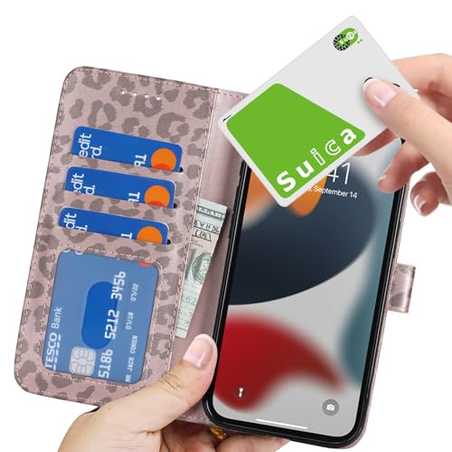 Image of for iPhone 13 Pro Max Case Wallet with Card Holder,for iPhone 12 Pro Max Wallet Case for Women Men,PU Leather Shockproof Magnetic Buckle Stand Flip Phone Case-Rose Gold Leopard