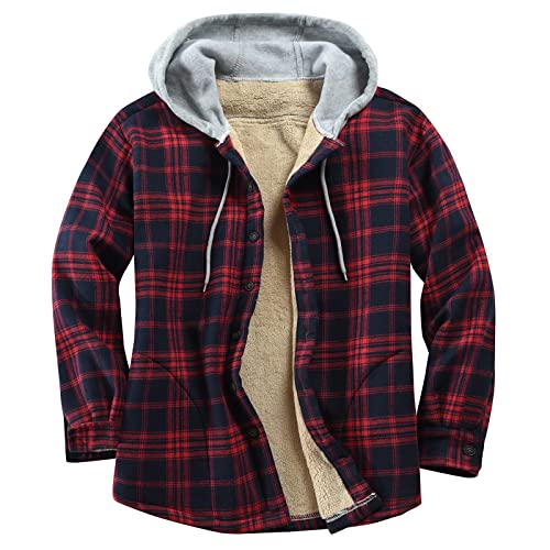 Image of Men's Cotton Plaid Shirt Jacket Fleece Flannel Sherpa Button Down