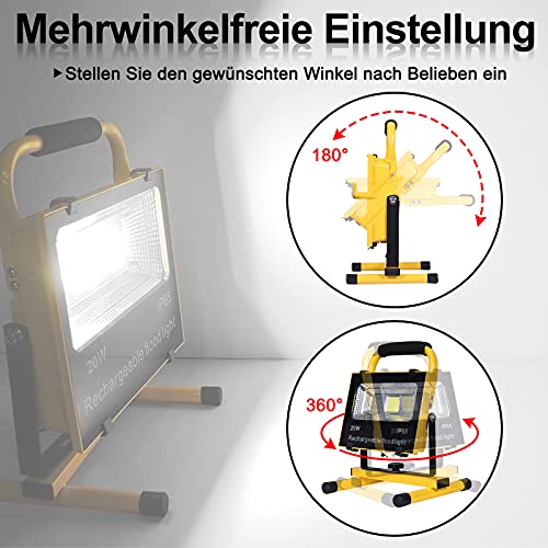 HENGMEI 20W LED Fluter Akku Baustrahler Arbeitsleuchte Strahler Flutlicht Scheinwerfer handlampe Campinglampe,KaltWeiß) - Image 5