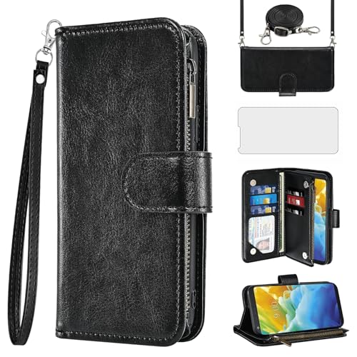 Asuwish Phone Case for LG Stylo 4 Wallet Cell Cover with Screen Protector Crossbody Strap Zipper Card Holder Slot Stand Stylo4 Plus LGstylo4 Sylo4 Style 04 4+ Q Stylus Alpha Stlo4 Women Girls Black