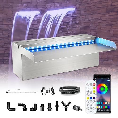 LONGRUN Waterfall Pool Fountain, Updated 5.9'' Wider Open Lip Stainless Steel Waterfall Spillway, Decorative Water Feature for Swimming Pools, Koi Ponds, Spa & Garden - 11.8''