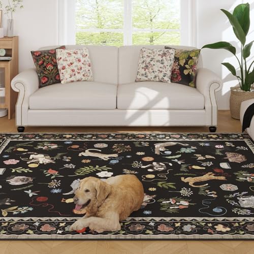 Living Room Rug 5x7 Rug Machine Washable Boho Area Rug Non Slip Floral Animal Cat Vintage Low Pile Large Rugs for Living Room Bedroom Farmhouse Dining Room Kids Playroom, Black