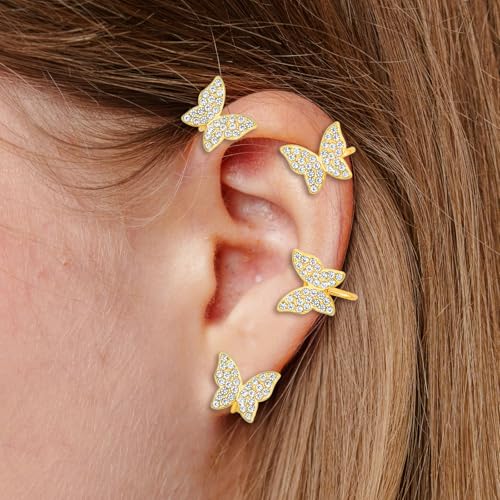 Clip On Butterfly Ear Cuffs & Wraps for Women 2 Pairs, Rhinestone Non Piercing Ear Clips, Perfect for White Party, Wedding & Bridal Jewelry4