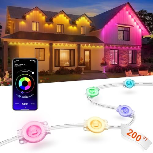 Nexillumi Permanent Outdoor Lights for House, 200ft Smart RGB LED Lights Outside with 16 Million DIY Colors, IP67 Waterproof Eternity Eaves Lighting for Christmas Halloween Holiday Daily Decorations