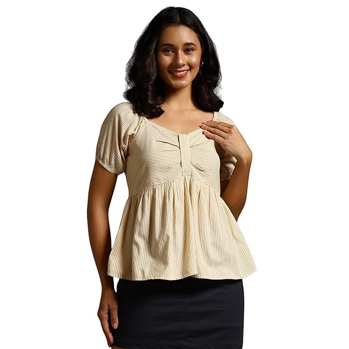 Women's Striped Peplum Top, Sweetheart Neckline, Puff Sleeves, Smocked-image-26
