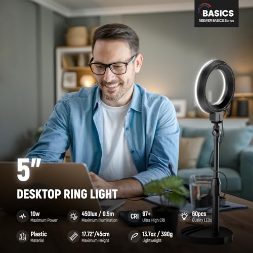Image of NEEWER Basics 5 inch /13cm Desk Ring Light with Stand, 10W LED, Black BR60 | Phone Holder Base, Compatible with iPhone, Selfie, Video Recording, Makeup, Laptop Webcam Zoom, Video Conference Lighting