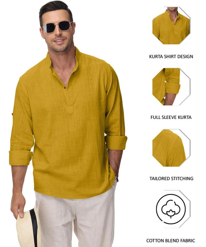 Image of Macsivo Men's Cotton Blend Solid Short Kurta with Regular Lenth Mandarin Collar Short Button Placket Rolled up and Full Sleeves Kurta for Men