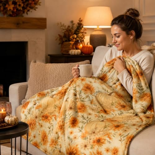 Fuzz Daisy Blanket Fall Orange Pumpkin Throw Blanket For Nap 59.06x39.37 in | Thanksgiving Flannel Blanket Harverst Autumn Decor Festival Warm Soft Blanket For Couch Sofa Bedroom Use - image 3