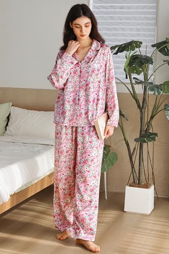 Image of YiNi LuLu Womens Silk Satin Pajamas Set Button Down 2 Piece Pjs Long Sleeve Oversized Sleepwear with Pockets