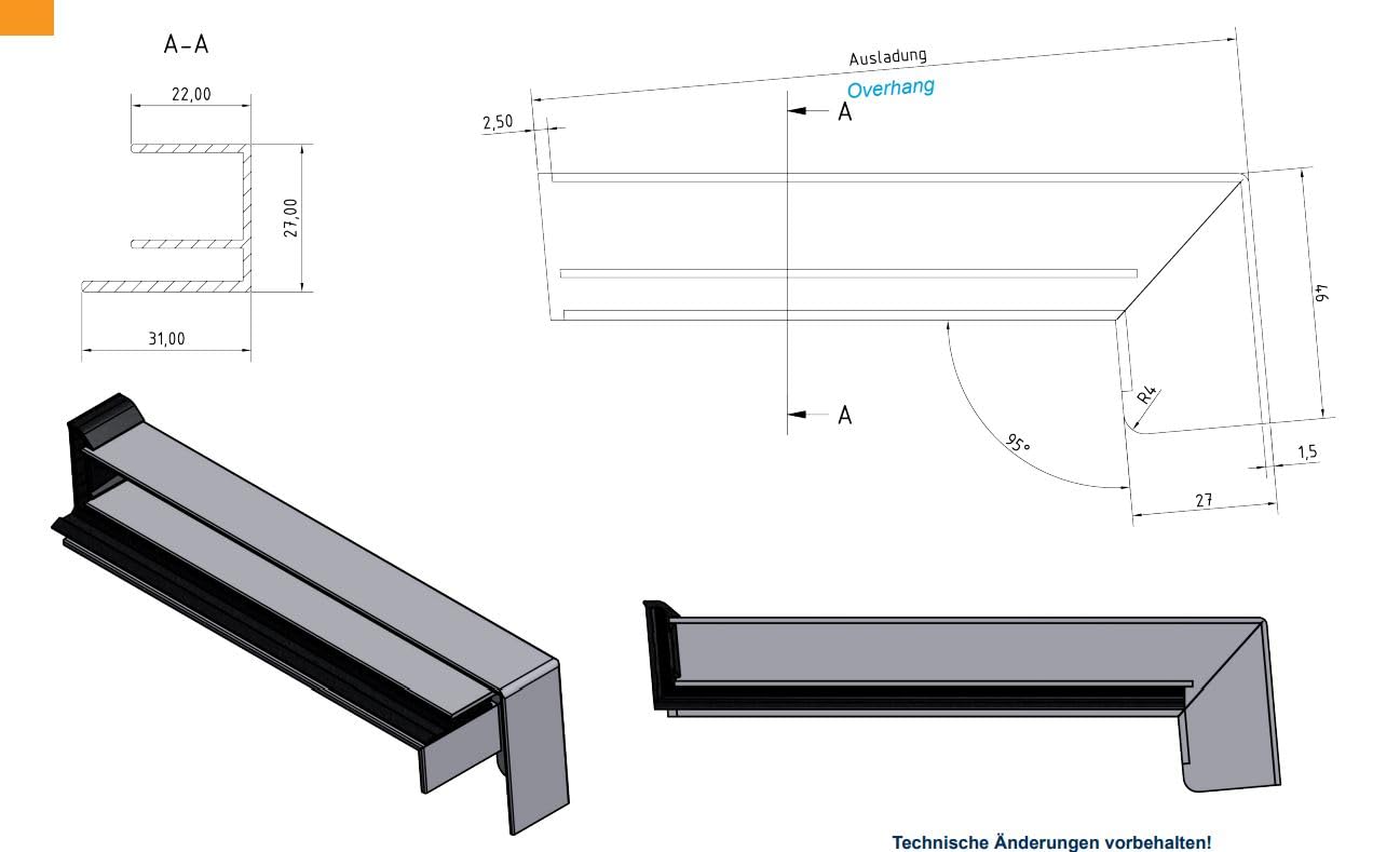 Aluminium Fensterbank silber EV1 195 mm (Gleitabschluss, 500 mm)
