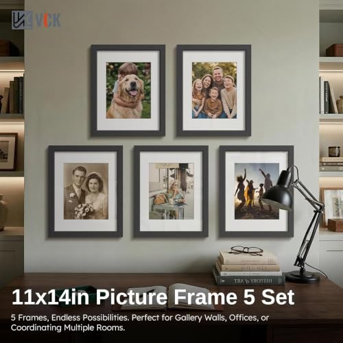 Image of VCK 11x14 Picture Frame 5 Pack, Black Wood, 8x10 Mat, Glass, for Photo