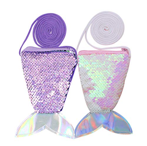 Starte Pack of 2 Mermaid Tail Purse for Girls Women's Coin Purse Pouches Mini Shoulder Bag for Little Girls(Purple+Pink)