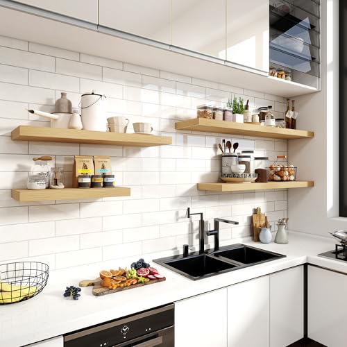 Acovy 36 Inch Floating Shelves, 12 Inch Deep Floating Shelves for Wall, Floating Shelf with Invisible Brackets, Deep Shelves for Bathroom, Bedroom, Living Room, 2 Pack, Natural