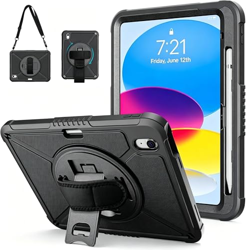 ZtotopCases for iPad (A16) 11th/10th Generation 11/10.9 2025/2022 Heavy Duty Case with Screen Protector & 360-Rotating Hand Strap Full-Body Drop Protection Cover Black