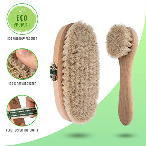 VELNA Körperbürste und Gesichtsbürste aus Rosshaar im Set. Natürliche Borsten feinem Pferdehaar, perfekt gegen Cellulite. Trockenbürste Pferdehaarbürste mit elastischem Haltegriff, Beige, 15x11x4,5