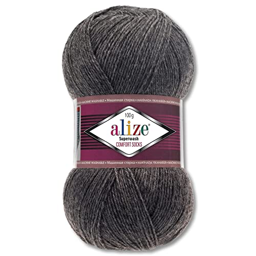 Wohnkult Alize 100 g Superwash Comfort Sockenwolle 33 Farben zur Auswahl EIN-/Mehrfarbig (182 | Dunkelgrau Melange)