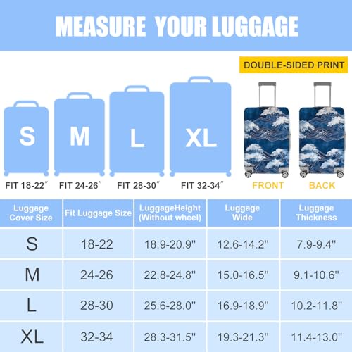 THISFIND Ocean Wave Luggage Cover for Suitcase – Travel Suitcase Protector with Artistic Japanese Sea Design, Elastic Washable Baggage Cover for 18-22 Inch Luggage,S