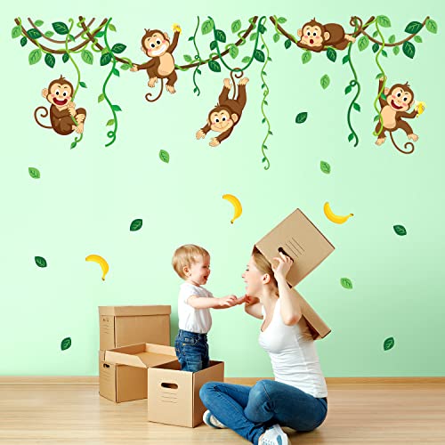 DECOWALL DS-8053 Stickers Muraux Singe Vignes Animaux Enfants Autocollants Stickers Muraux Peel and Stick Amovible pour Pépinière Chambre Salon Bébé Famille Feuille...