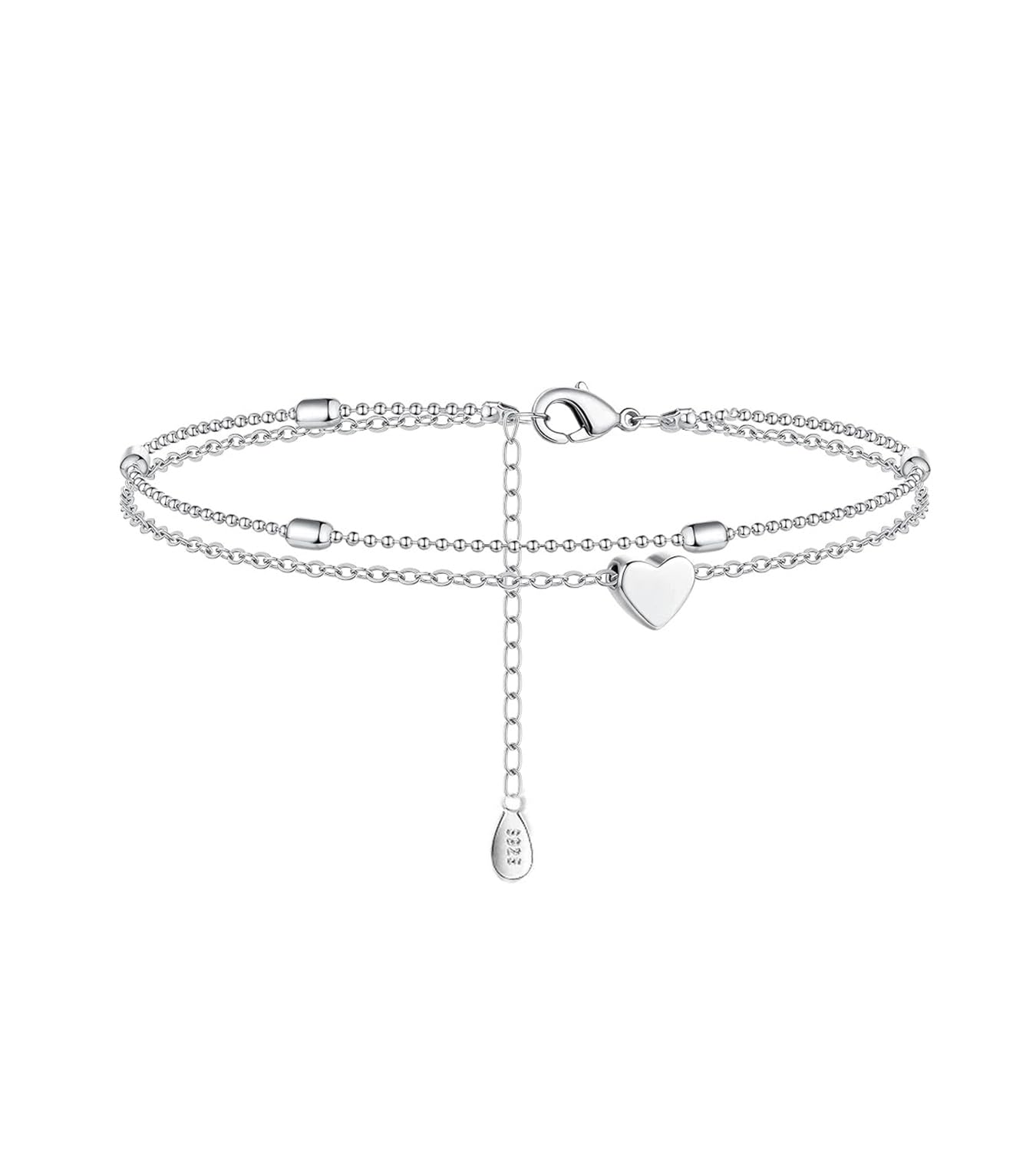 Tobilleras de Plata 925 Mujer con Dije Corazón, Tobillo en Capas Ajustable | Capas Múltiples, Bañadas en Plata 925, Hipoalergénico, Ligero, Regalo Para Cumpleaños Aniversarios Día de la Madre Navidad