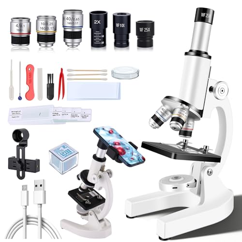 Image of Compound Microscope for Adults & Kids - 40X-2000X High-Power Biological Microscope for Students, School Lab & Home Education, with Slides Set & Phone Adapter (White)