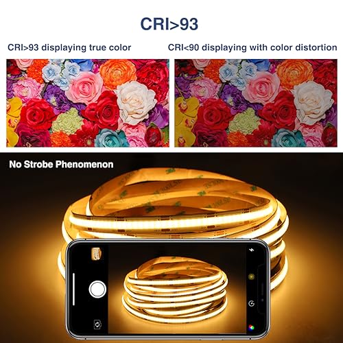 Image of COB LED Strip Light White Dimmable 16.4FT 24V 2700K-6500K, COB Light Strip Tape with RF Remote 3200 LEDs CRI93+ for Kitchen Under Cabinet Bedroom Mirror Indoor Home Daylight Warm White
