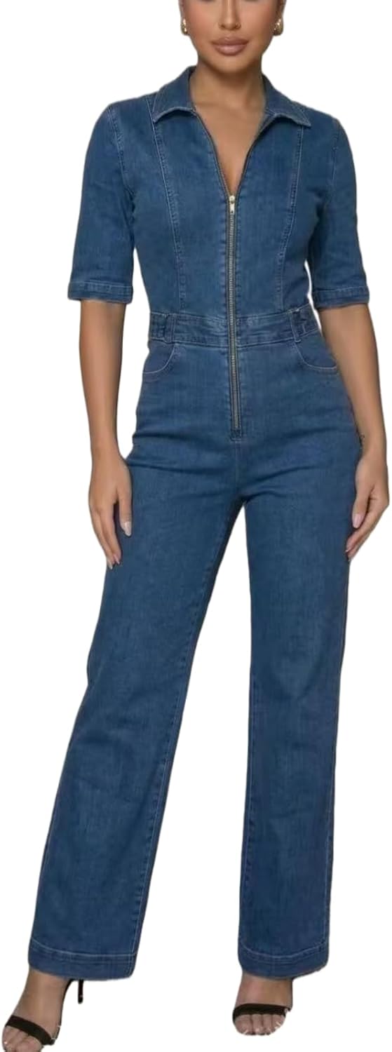 Women's denim jumpsuit sexy slim fit short sleeved high waisted fashionable denim jumpsuit