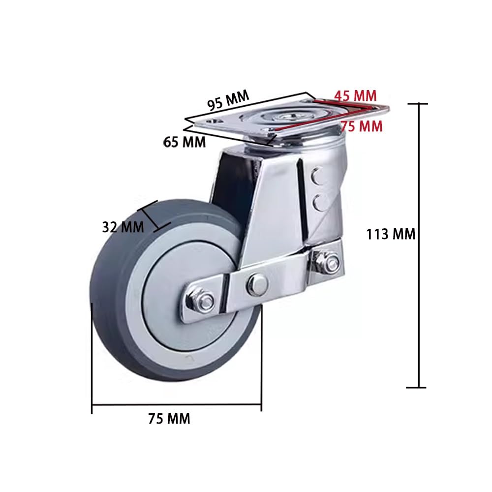 Silenziose Piroettante Piastra Ruote, 4 Pezzi TPR Ruote in Gomma, 3 Pollice Ruote Pivottanti con Freni per Industriale, Carrelli(Swivel)