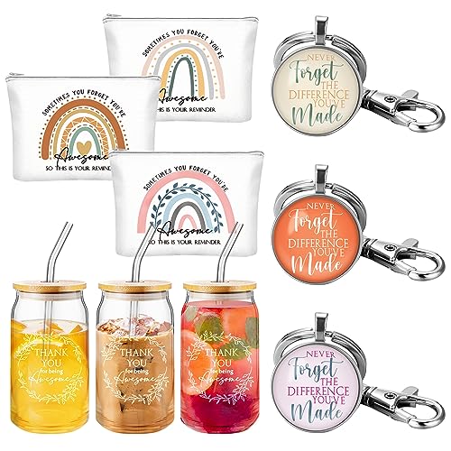 Hoolerry 9 Pcs Thank You Gifts for Women 16oz Glass Cup Motivational Pouch Teacher Appreciation Keychain for Boss Employee Coworkers Nurse Volunteers Team Gifts (Rainbow)