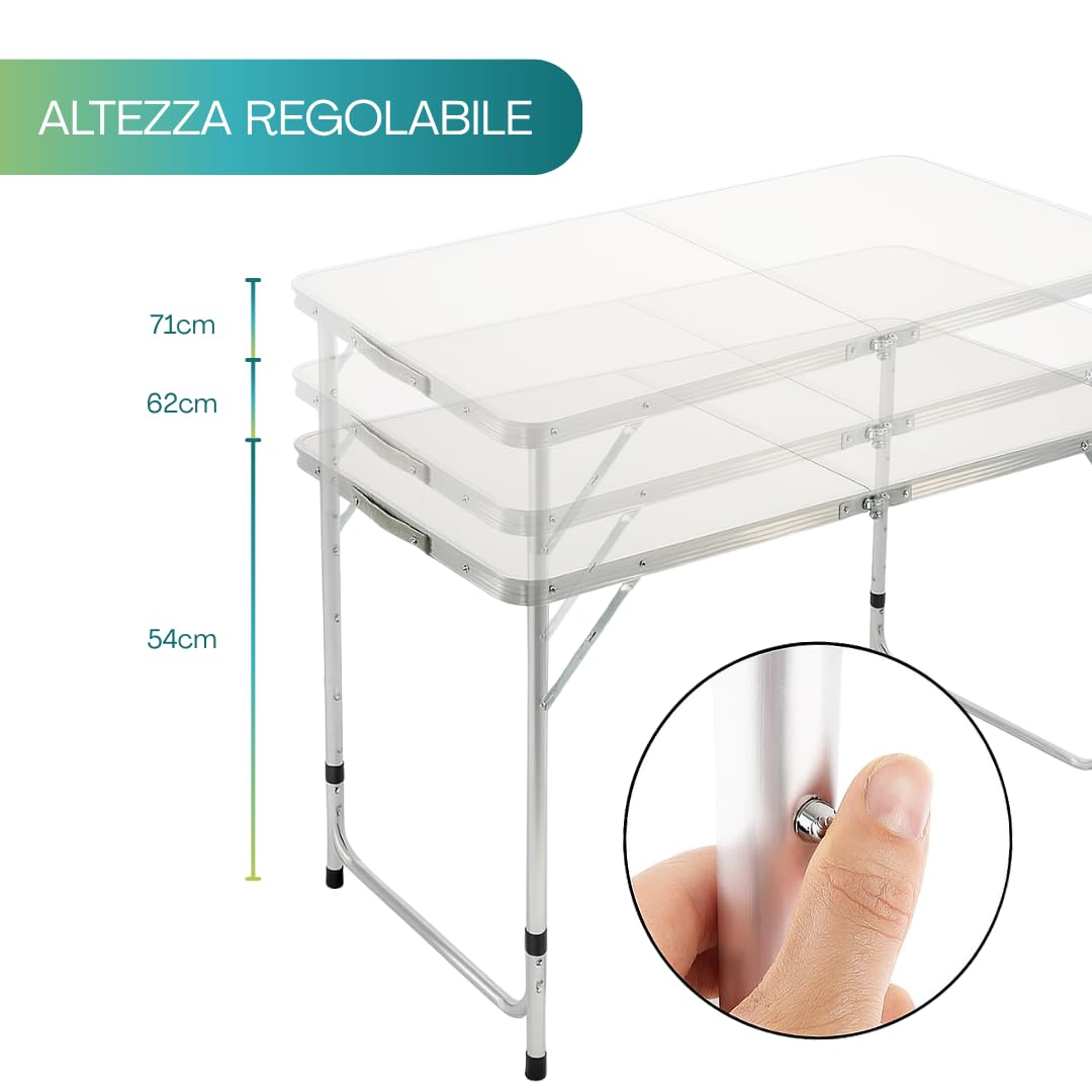 PALUPLUS Set Tavolo Campeggio in Alluminio con 4 Sgabelli Blu, Misura Tavolino 120x60x71 cm, Design Pieghevole a Valigetta con Maniglia, Foro per Ombrellone, per picnic, gita -8095F