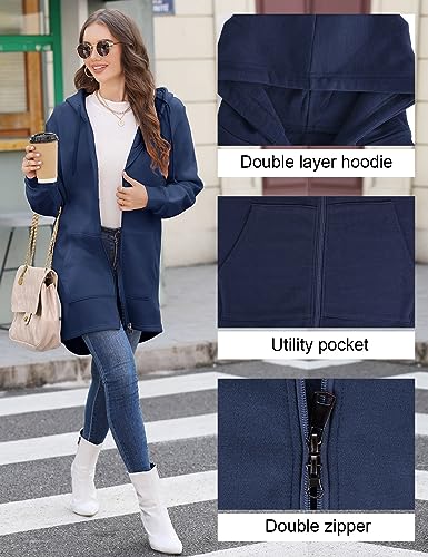 Tuopuda Damen Hoodie Jacke Oversize Reißverschluss Winterjacke Langarm Mantel Winter Cardigan Kapuzenpullover Sweatshirt mit Kapuze Strickjacke Kapuzenjacke mit Taschen Kapuzenpulli, Blau, XXL