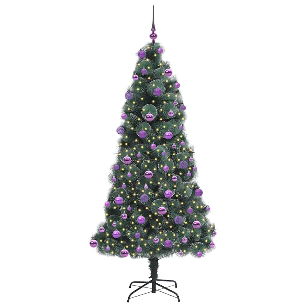 Árbol de Navidad artificial de 210 cm con luces LED preiluminadas, juego de bolas, verde, material PET, 300 puntas, alimentación USB, incluye soporte y punta, para interiores