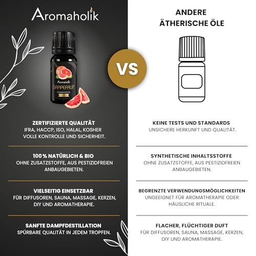 Aromaholik Grapefruitöl BIO 100% naturrein – Ätherische Öle für Diffuser & Aroma Diffuser – Zertifiziertes ätherisches Öl aus Indien – Grapefruit Essential Oils 10ml für Sauna & Massage