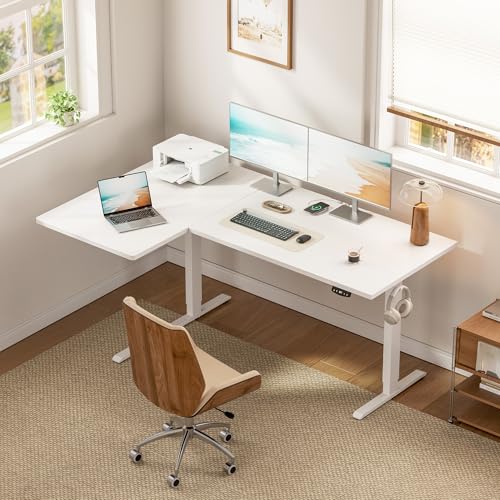 Image of Klicelor L Shaped Standing Desk, 55 Inch Electric Height Adjustable Desk with Memory Preset, Reversible Sit Stand Up Computer Workstation for Home Office, Splice Board, White