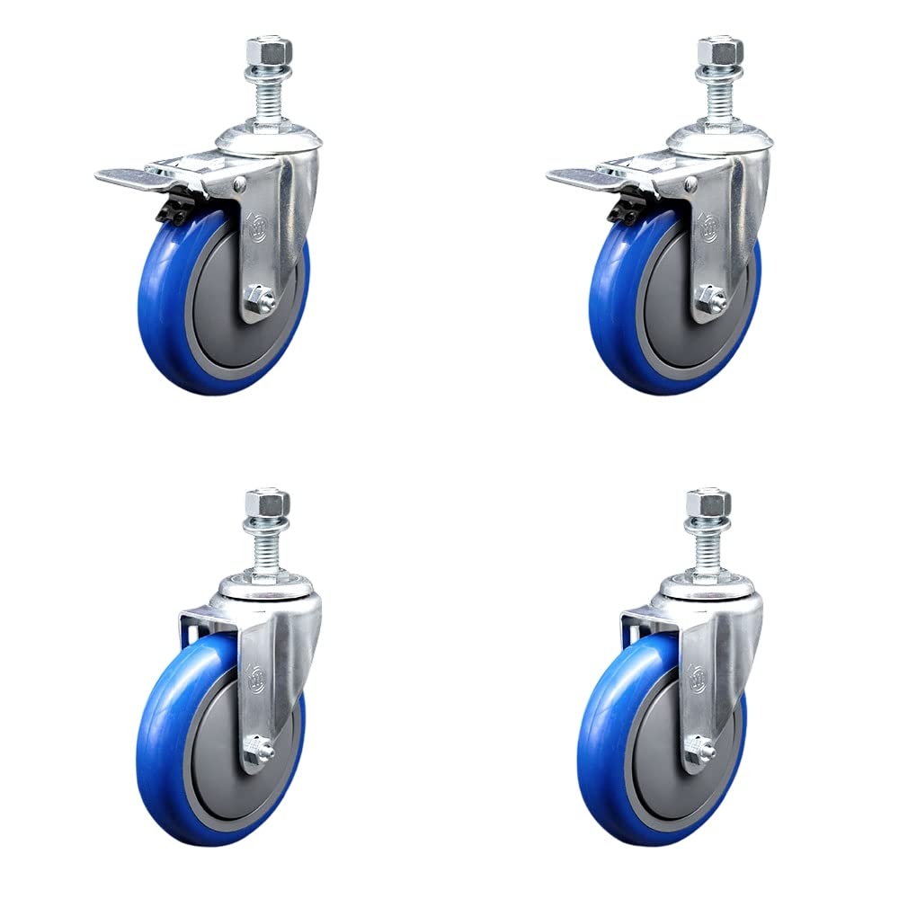 3" Swivel Caster with 12mm Threaded Stem, Blue Polyurethane Wheel and Brake - 300 lbs. Capacity - Service Caster Brand