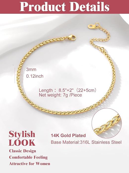 Image of FOCALOOK 14K Gold Plated Anklets for Women Waterproof Plus Size Ankle Bracelet 8.5-10.5 Inch Adjustable Mariner /Figaro /Flat Snake /Cuban Link Chain Anklet Jewelry for Summer Beach Holiday