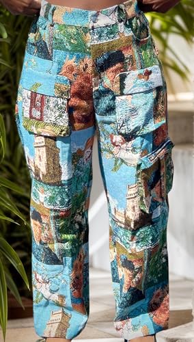 Angsuttc Cargo Pants Women High Waisted Wide Leg Trousers Patchwork Art Print Streetwear with Multi Pockets Lake Blue XL2
