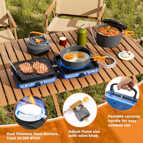 Hisencn Camping Stove,2 Burner Propane Stove,20000 BTU/h Camping Cooking set Includes Frying Pan,Kettle and Pot,Adjustable Burners & Piezo Ignition,Portable stove for camping Outdoor,Blue - Image 5
