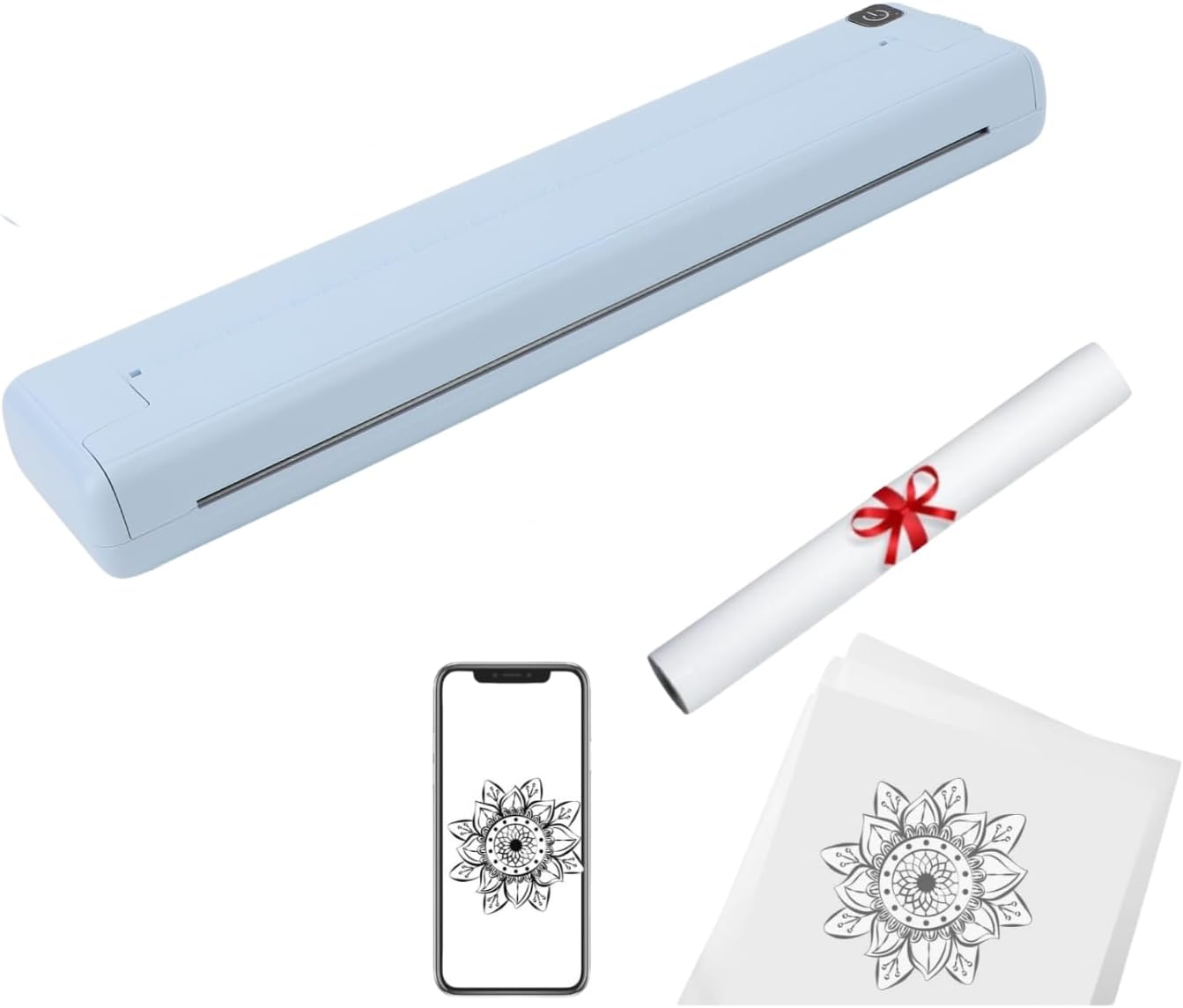 Bewinner A4 Thermal Printer, showing its compact size and a roll of thermal paper.