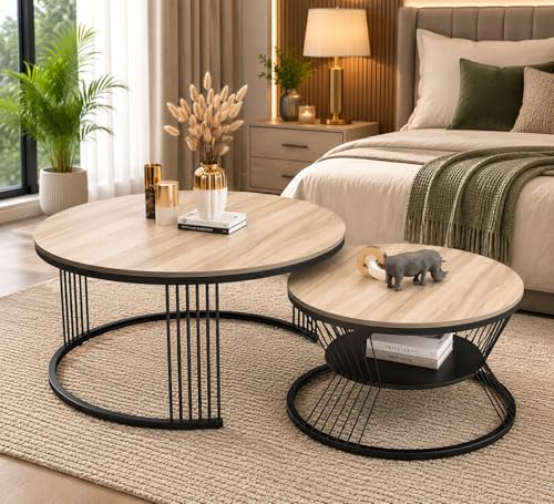 Image of The Round Coffee Table and The Stacking Tea Table with a Gold Metal Frame are Two Versatile Modern Center Tables that Look Great in Living Rooms (Cream Black)