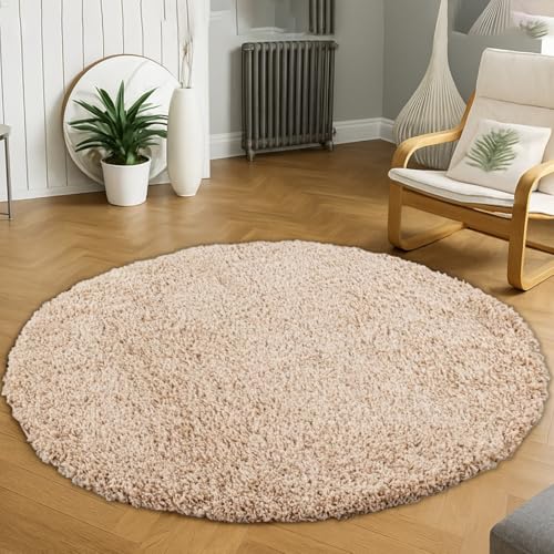 Wadan120cm Round Light Beige Shaggy Rugs Living Room |5mm Thick Pile | Extra Large Small Medium | Rectangular Size | Soft Touch | Living Room Area Rugs | Non Shedding
