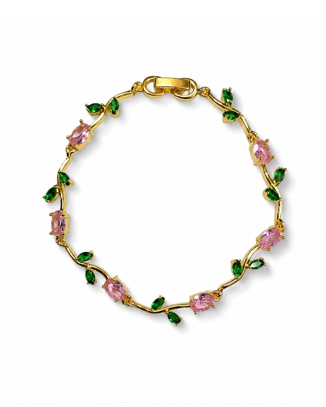 Coquette Golden Plated & Rose-Gold Color With Forest Green Leaf Shape Stone Bracelet For Women Stylish Anti Tarnish Jewellery For Women, Hand Wristlet For Girls Aesthetic Accessories For Girls-image-14