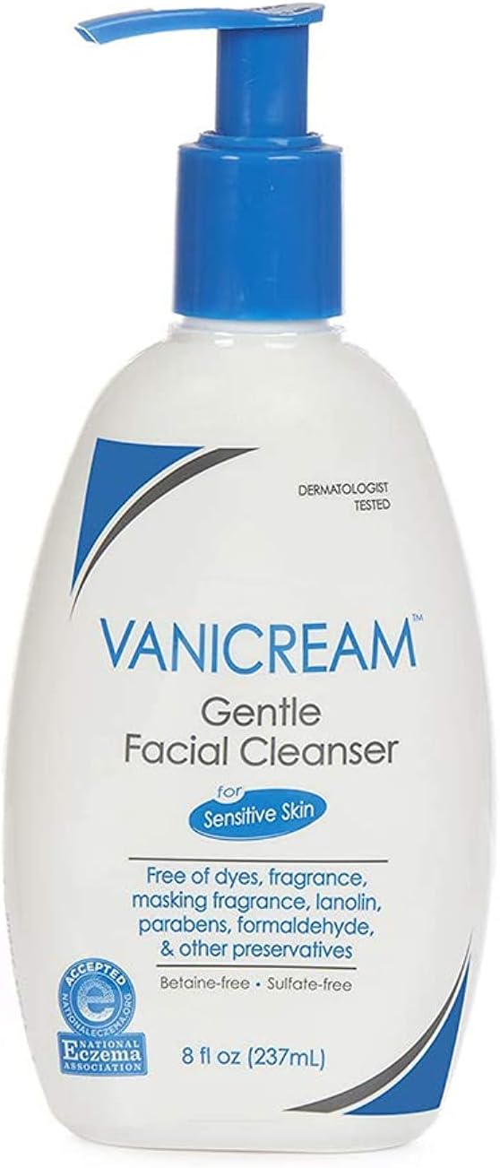 Gentle Facial Cleanser for sensitive skin with pump dispenser - dye free, fragrance free, preservative free - oil free and non comedogenic - dermatologist d - 8 ounce