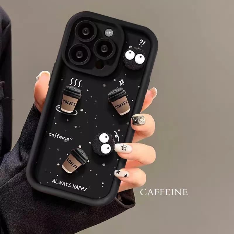 Image of COVERLY Back Case Cover Compatible with iPhone 15 Pro Max | Cute Fun Cartoon Characters 3D Ball Coffee Cookies Silicone Case | Body Protection | 360 Camera Protection | Shock Proof | (Happy Black)