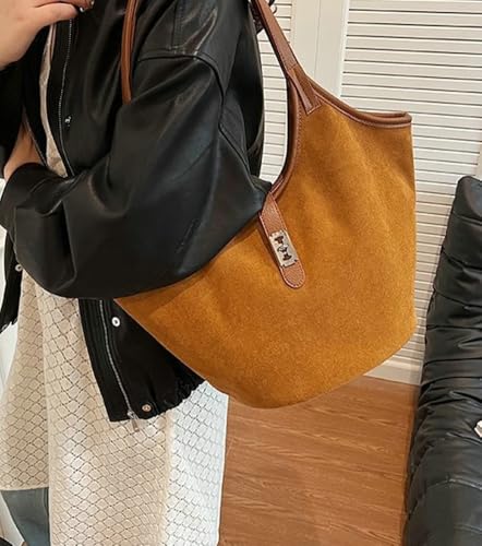 Retro Suede Bucket Tote Bags for Women Trendy Hobo Shoulder Bag Slouchy Commuting Handbag4