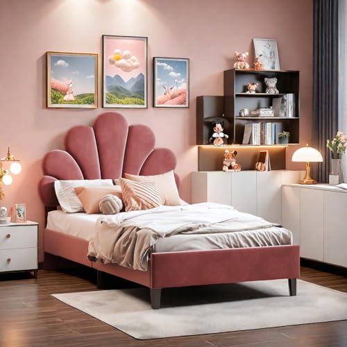 LIVLUX Lit rembourré 90 x 200 cm,lit Enfant avec tête de lit Design pétales et sommier à Lattes, idéal pour Enfants et Adolescents. (Rouge)