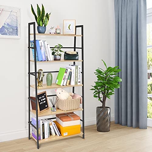 Springsun 5 Tier Bookshelf Industrial Ladder Shelf Open Display Storage Rack Wood Bookcase With Metal Frame, Freestanding Storage Shelves For Home Office, Living Room, Bedroom, Kitchen #TOP5