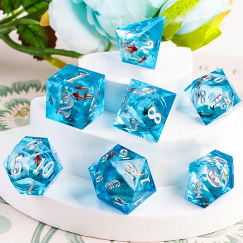 Liquid Core DND Dice, 7Pcs Koi You Fish D&D Dice Resin Sharp Edged Polyhedral Game for Dungeons and Dragons Blue Silver Handmade Role Playing Game RPG Dice Set(D20 D12 D10 D8 D6 D4) - Image 4