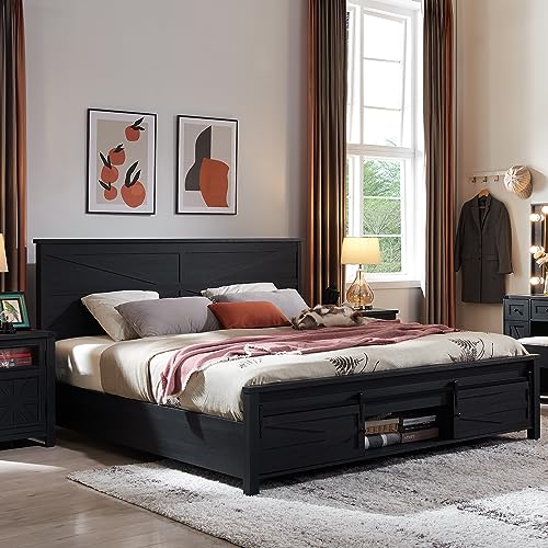 JXQTLINGMU-Farmhouse-Wood-Bed-Frame-King-Size-with-Sliding-Barn-Door-Storage-Cabinets-and-Headboard-Solid-Wood-Slats-Support-Noiseless-No-Box-Spring-Needed-Black JXQTLINGMU Farmhouse Wood Bed Frame King Size with Sliding Barn Door Storage Cabinets and Headboard Solid Wood Slats Support Noiseless No Box Spring Needed Black