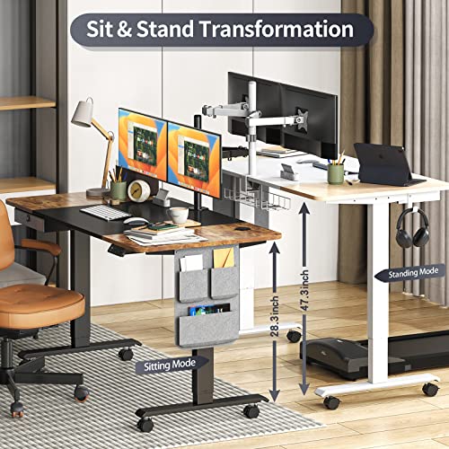 Maidesite Standing Desk Adjustable Height, 55 Inch Stand Up Desk, Electric Sit Stand Desk With Caster Wheels, Drawer And Cable Management Tray For Home Office, Rustic Brown+Black Desktop #TOP2